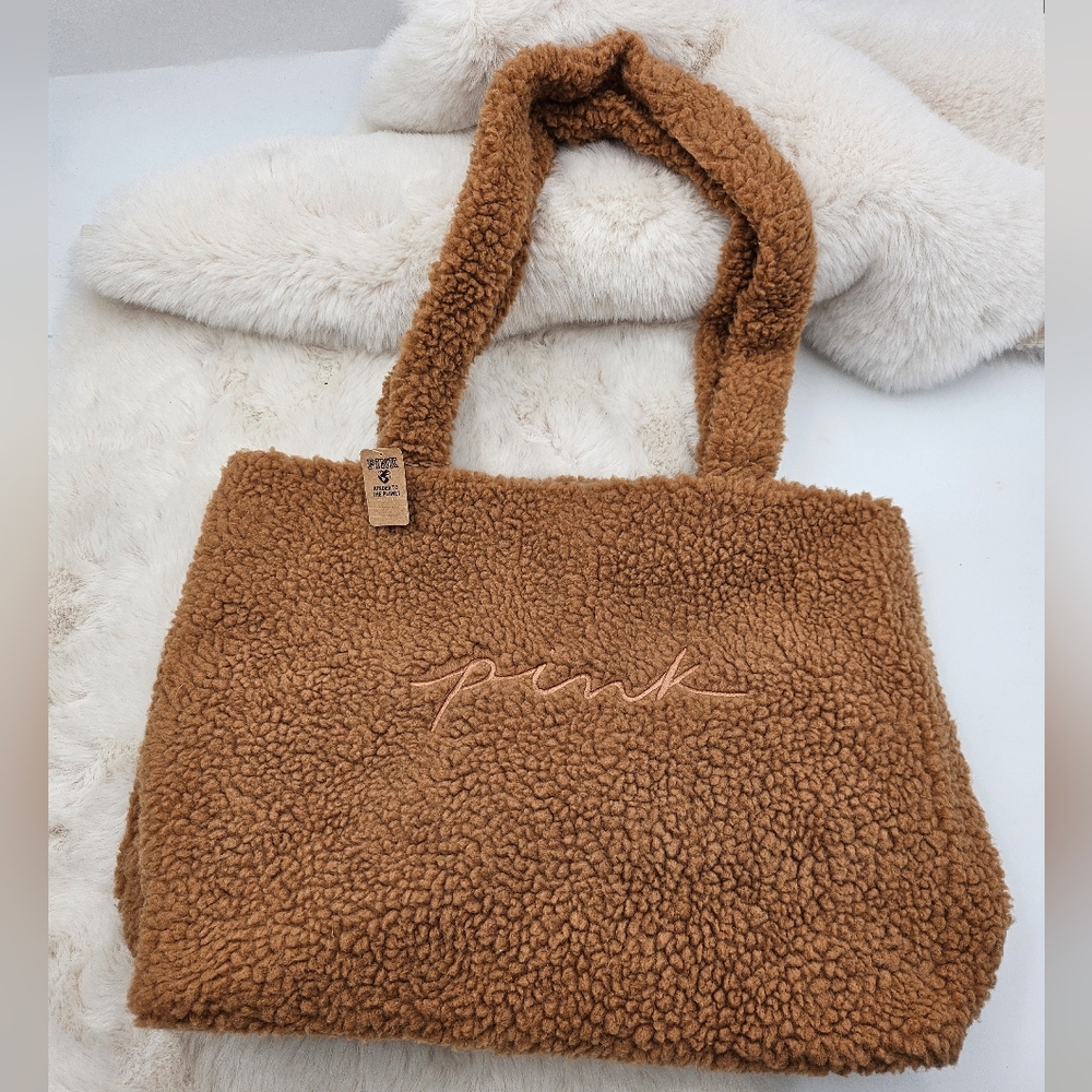 PINK Plush‎ Fleece Sherpa Brown TOTE BAG Snap Closure Victoria secrets bag purse